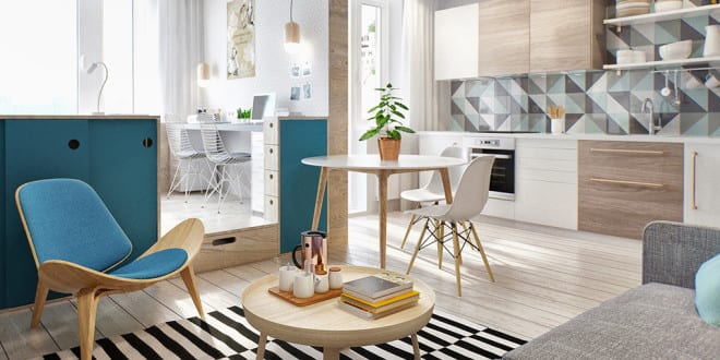 city apartment mit küche weiß, kleinem wohn esszimmer und schlafbereich mit loftbett und homeoffice